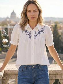 Dayvera Women's Summer Ruffle Collar Embroidered White Blouse,100% Cotton Blouse For Women - White - View 2