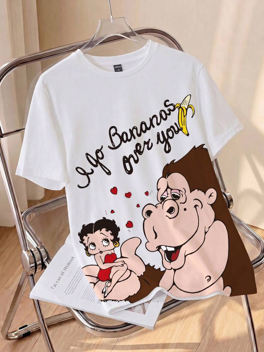 Betty Boop x SHEIN 男士圓領短袖滿版印花T恤 - 白色 - 查看 1