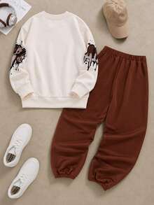 SHEIN Casuvi Kids 2件組青少年男孩時尚白色運動衫與深綠色長褲套裝，胸前綠色圖案印花，酷炫街頭風，柔軟舒適面料，易穿脫，適合春秋季，適合學校與戶外穿著，男孩必備套裝 - 彩色 - 查看 2