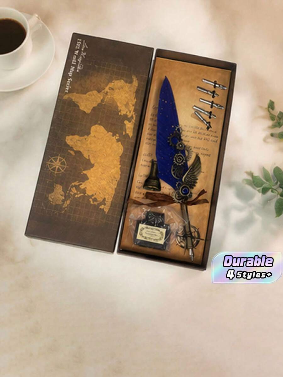 1pc Jubaboz Calligraphy Brush With A Stand And Replaceable Nibs, Feather Pen, Ink, Vintage Dip Pen With Mechanical Gears, Suitable For Office Use - multicolor - View 1