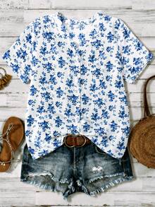 Linhara Women's Plus Size Floral Print V-Neck Casual Daily Summer Shirt - Blue - View 1