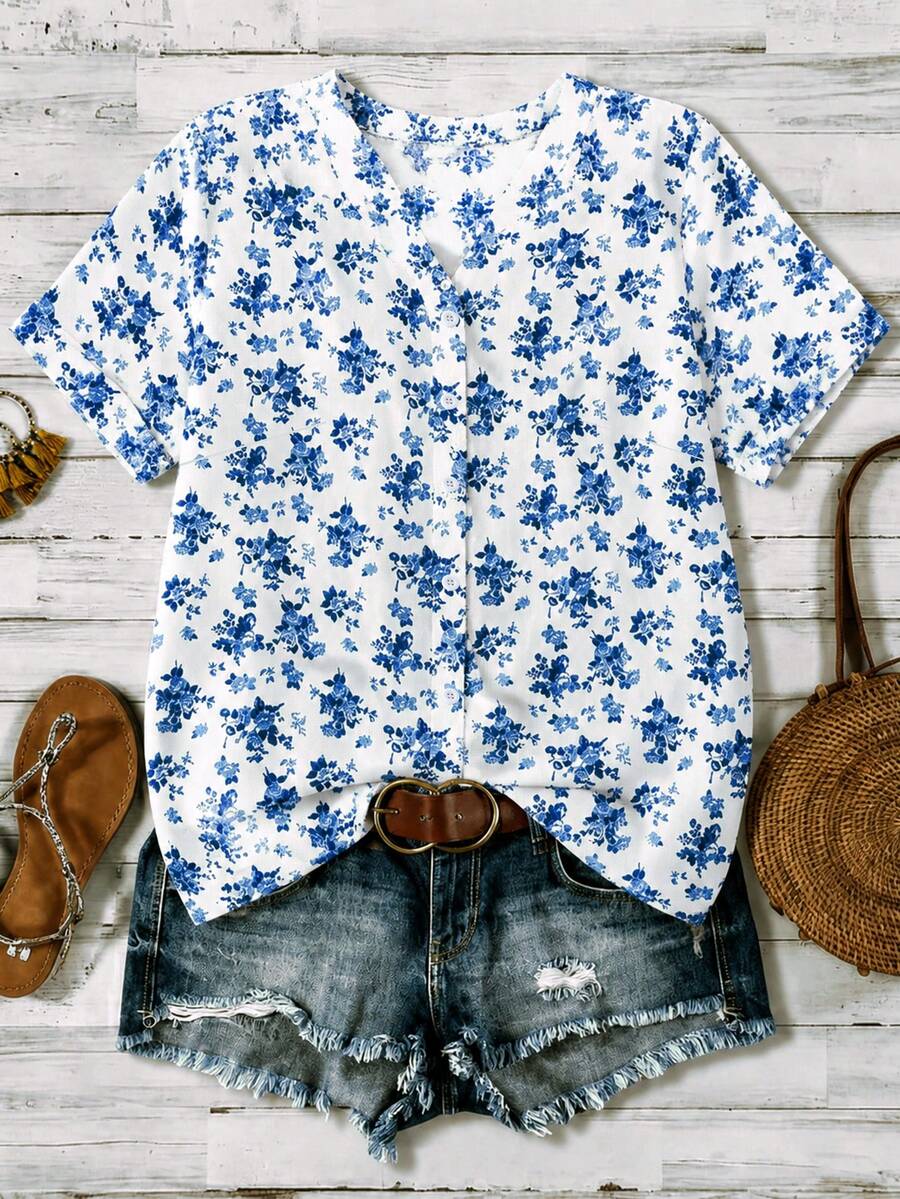 Linhara Women's Plus Size Floral Print V-Neck Casual Daily Summer Shirt - Blue - View 1