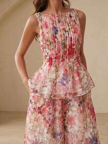 BELROSIE Summer Autumn Beige Colorblock Floral Print Ruched Waist Fla Top With Loose Wide Leg Pants, Women's 2 Pieces Set, Elegant Garden Party Vacation Wedding - White - View 2