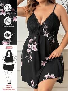 SHEIN CURVE+ 性感蕾絲拼接仿絲印花細肩帶洋裝 大尺碼 - 黑色 - 查看 8