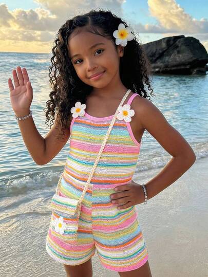 SHEIN Sparklyn Youth Girls Vacation Style Casual Princess Western All Over Print Crochet Striped Short Romper With Flower Detail Beach Wedding Pink Summer