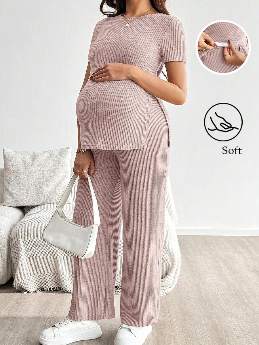 SHEIN 孕婦純色短袖上衣與可調腰長褲休閒日常兩件套 - 藕粉色 - 查看 1