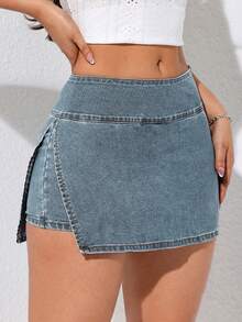 SHEIN EZwear 女款側開衩下擺休閒牛仔裙褲 度假藍 夏季 - 藍色 - 查看 3