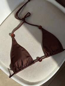 Elavelle Top de bikini de unicolor con cuello halter para mujer, primavera/verano - Negro - Ver 3