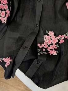 INAWLY 女款時尚休閒極簡浪漫度假風刺繡花卉長袖鈕扣襯衫 - 黑色 - 查看 4