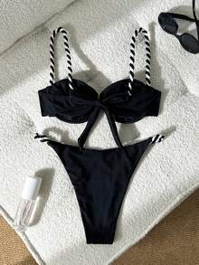 Swim Chiccia 女款棕色編織肩帶鋼圈性感沙灘比基尼泳衣，適合夏季度假 - 黑色 - 查看 2