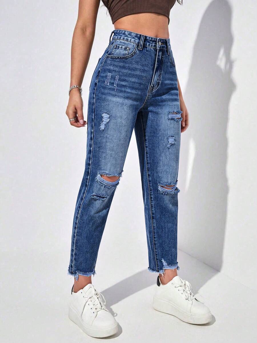 SHEIN EZwear 女款夏季高腰破洞媽媽版牛仔褲 - 深色水洗藍 - 查看 1
