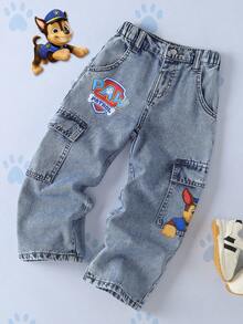 SHEIN | PAW Patrol Young Boy Cute Cartoon Print Pocket Loose Fit Denim Jeans - Baby Blue - View 3