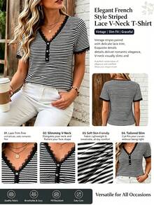 Breezaya Plus Size Women's French Style Elegant Button Half-Placket Lace Patchwork Contrast Color Top Holiday Black And White Summer - Black and White - View 6
