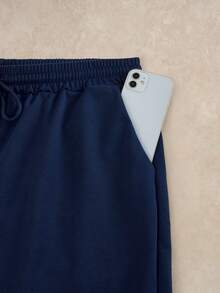 Hombres Shorts unicolor de cintura con cordón con bolsillo oblicuo - Azul Marino - Ver 4
