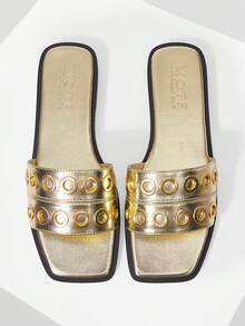 MOTF PREMIUM WOMEN METALLIC GOLD SQUARE TOE SLIDE SANDALS DOUBLE STRAP EYELET DECOR FLAT SLIP ON MULES SUMMER CASUAL BEACH SLIPPERS - Light gold - View 1