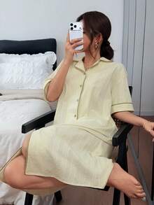 Livesso 女款拼色滾邊前開扣睡袍 - 綠色 - 查看 7