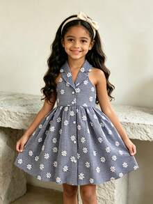 Souflis Souflis 女童夏季新款时尚Polo领露背吊带束腰甜美度假风连衣裙，少女正式礼服 - 藍色 - 查看 9