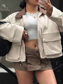 Muchica Plus Size Fashion Versatile Zipper Front Long Sleeve Utility Jacket Formal Winter Casual Elegant Fall - Multicolor - View 5
