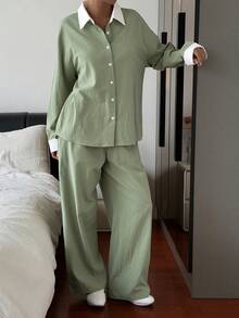 DAZY Conjunto de Roupa de Descanso Feminino com Top de Manga Longa de Abotoamento Único e Calça em Cores Contrastantes para o Outono - Verde - Visão 9