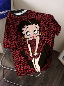 Betty Boop x SHEIN 女款圓領豹紋卡通圖案休閒日常長袖T恤 - 白色 - 查看 3