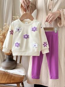 SHEIN Vintaside Kids 女嬰秋季紫色兩件套，刺繡衛衣與針織內搭褲，可愛極簡風，適合與紫色長褲家庭穿搭 - 紫色 - 查看 4