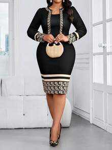 SHEIN Lady Women's Geometric Print Patchwork Long Sleeve Fitted Elegant Mature Classy Mid-Length Dress Teachers' Day Dinner Office Black And Gold Autumn - Multicolor - View 6