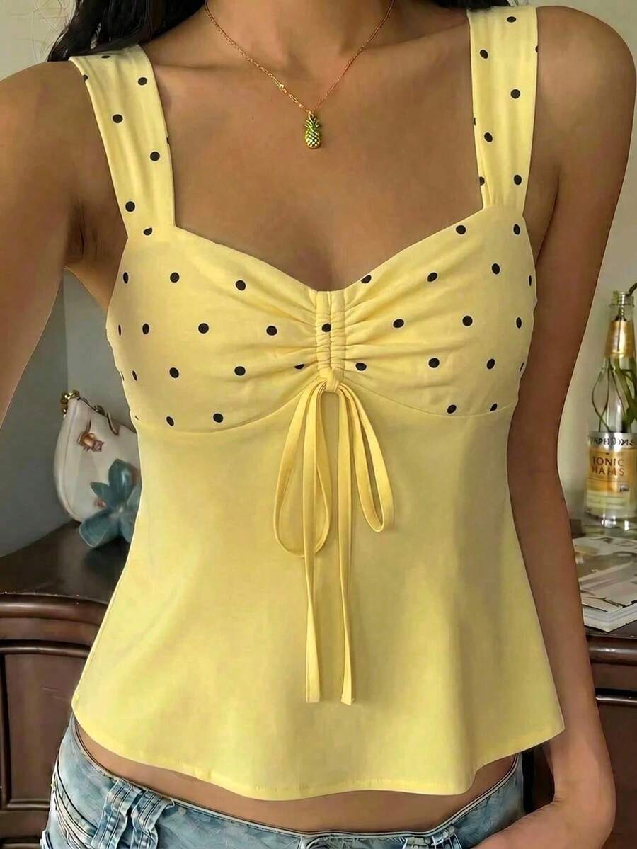 SHEIN EZwear 波希米亞復古奶油黃圓點;白色抽繩細肩帶背心;通勤、度假、海灘、夏季 - 彩色 - 查看 1