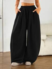 SHEIN PETITE Women's Solid Color Elastic Waist Loose Harem Pants ,Petite Women - Black - View 8