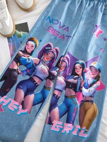 SHEIN 青少年女孩休閒 Y2K 時尚卡通印花丹寧效果彈性腰寬腿褲，寬鬆舒適，適合秋冬春夏，藍色 - 藍色 - 查看 7