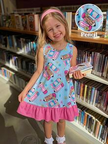 Emery Rose Kids Emery Rose Kids 女童可愛卡通鉛筆圖案印花圓領洋裝 返校季 - 粉色 - 查看 5