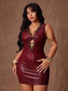 Rustia European And American Style 70's Burgundy Crocodile Pattern Lace Trim Hollow Twist Design Slimming Sexy Short Dress Night Party Rave Summer - Red - View 6