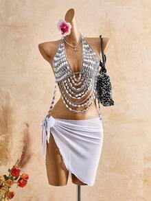 Femesol Women's Rhinestone Decorated Chain Fashion Creative Halter Top - White - View 6