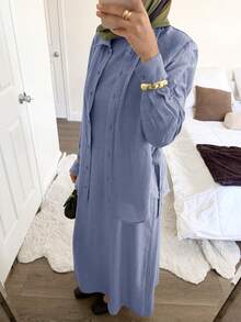 Solavon Women's Solid Color Dress And Single-Breasted Long Sleeve Cardigan Casual Daily 2 Pieces Set - Blue - View 5