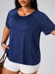 Easithlete Plus Size Women's Solid Color Round Neck Raglan Short Sleeve Sports T-Shirt - Navy Blue - View 8