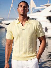 Ocevento Mens Short Sleeve Knit Polo Shirt Casual Striped V Neck Pullover Knitwear Top Summer Lightweight Blouse 
Mens Summer Knitted Polo Shirt Short Sleeve - Pale Yellow - View 1
