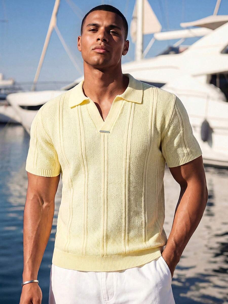 Ocevento Mens Short Sleeve Knit Polo Shirt Casual Striped V Neck Pullover Knitwear Top Summer Lightweight Blouse
Mens Summer Knitted Polo Shirt Short Sleeve - Pale Yellow - View 1
