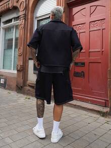 Artur Kramer Men's Summer Casual Daily Commute Fashion Street Contrast Stitch Pocket Short Sleeve Shirt And Drawstring Waist Shorts Set - Black - View 2