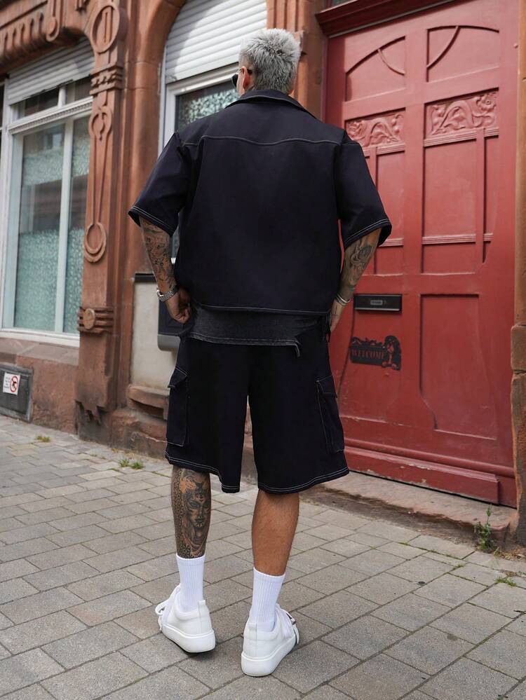 Artur Kramer 男士夏季休闲日常通勤时尚街头撞色缝线口袋短袖衬衫和抽绳腰短裤套装 - 黑色 - 查看 2