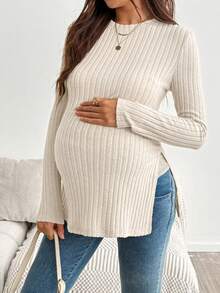 SHEIN Maternity Solid Color Split Design Casual Versatile Everyday Formal Maternity Work T-Shirt Fall - Apricot - View 1