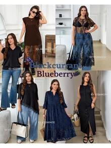 Easowa Curve Plus Size Women Solid Color Contrast Lace Hem Elegant Normal Sleeveless Dress Tea Party Formal Birthday Brown Summer - Brown - View 10