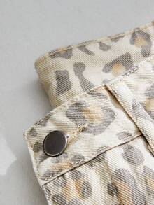 SHEIN PETITE CURVE Petite Size Women's Back Elastic Waist Leopard Print Loose Wide Leg Jeans Casual Grunge Everyday Summer Vacation Streetwear Pants Holiday Beige - White - View 4