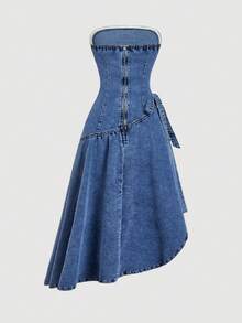 SHEIN MOD Women's Ruched Side Tie Waist Strapless Asymmetric Hem Denim Dress - Blue - View 2