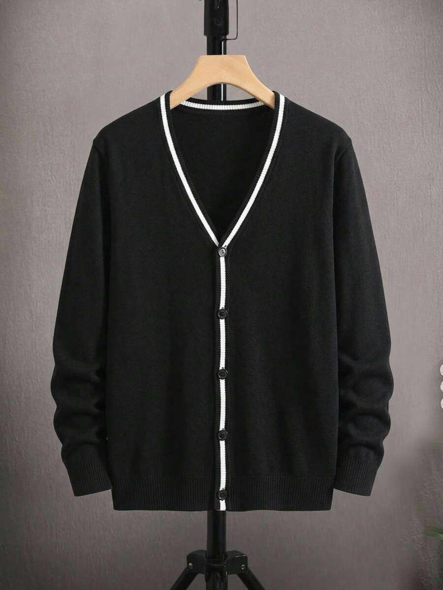 Manfinity Homme Men's Black And White Colour V-Neck Contrast Stripe Print Button-Front Long Sleeve Cardigan Essential For Back-To-School Office Autumn Smart Casual - Multicolor - View 1