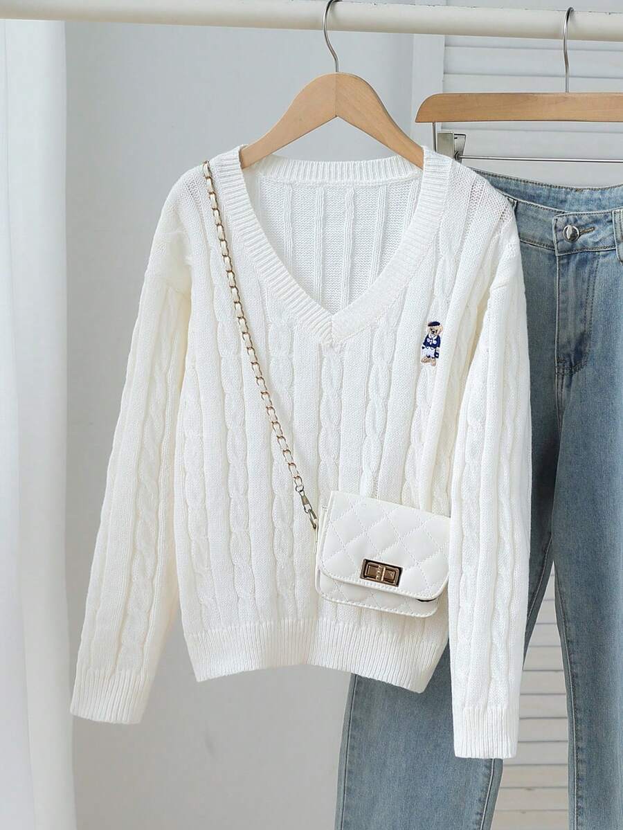 Tween Girls Beige Thin V-Neck Cable Knit Drop Shoulder Long Sleeve Bear Embroidery Sweater, Soft And Comfortable Fabric, Suitable For Matching With Skirts, Jeans, Vests And Jackets - Beige - View 1