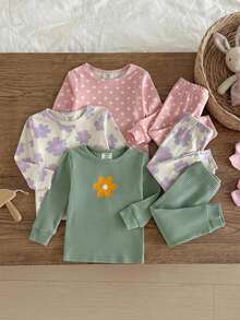 SHEIN Piyama Bayi Perempuan Pas Badan 3 Potong, Atasan Pullover Lengan Panjang Kerah Bulat Bergaris Motif Polkadot & Bunga, Celana Panjang Pinggang Elastis, Pas Badan - MultiWarna - View 7