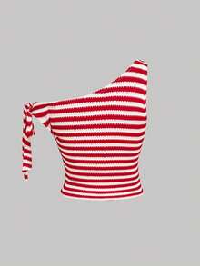 SHEIN MOD Plus Size Women's Red And White Asymmetrical Shoulder Ribbed Knit Top With Tie Cuffs, Summer, Brunch, Casual Sexy, Elegant, Formal, Vacation - Red and White - View 5