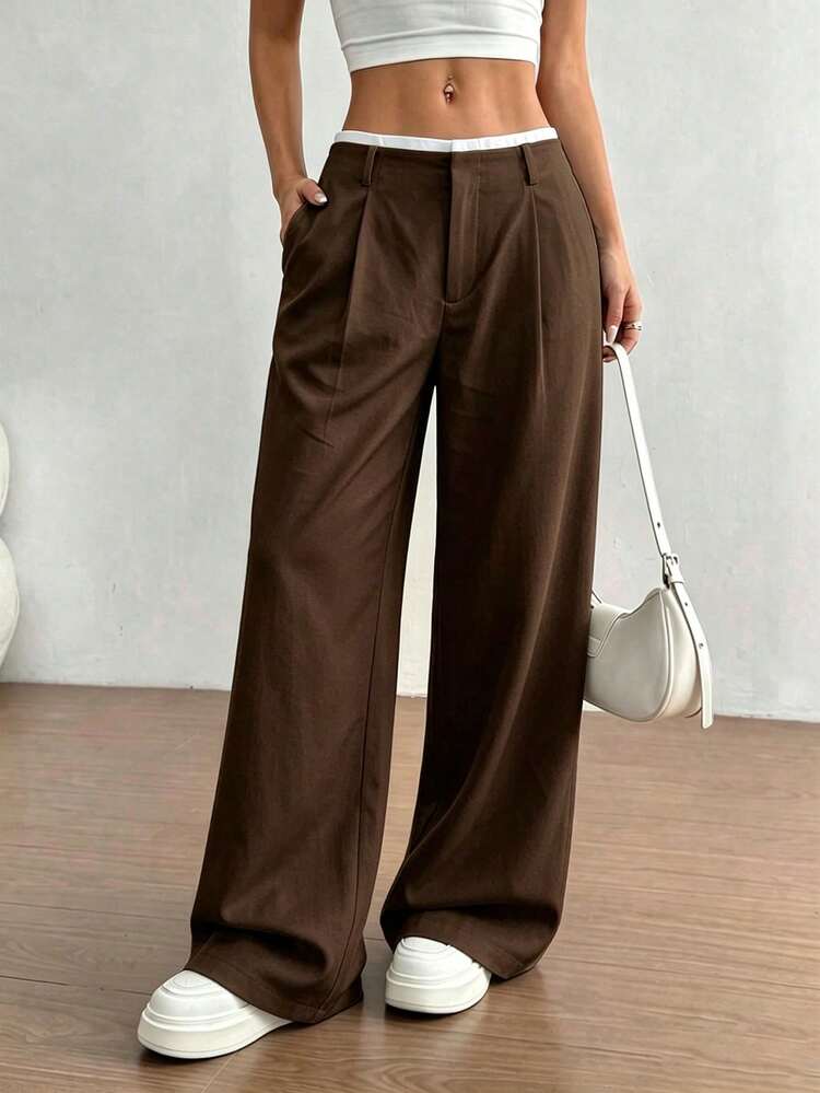 FavEase Women's Summer Waist Patchwork High-End Design Side Pocket Slim Straight Black Pants, Suitable For Daily, School, Office And Business Occasions - Brown - View 3