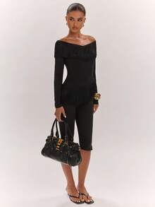 SHEIN BAE Women's Fashion Asymmetric Neckline Long Sleeve Top With Tassel Hem Halloween Party Cocktail Night Out Going Out Casual Sexy Elegant Black Fall - Black - View 5