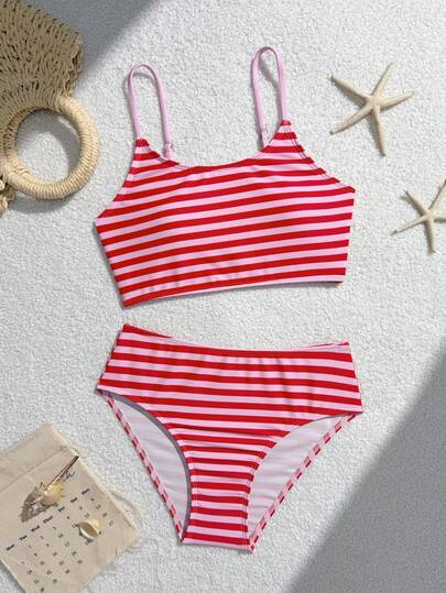 SHEIN Bộ bikini cho bé gái tuổi teen, họa tiết sọc đỏ và hồng, dây vai điều chỉnh được, bộ đồ bơi tam giác 2 mảnh, phù hợp cho kỳ nghỉ hè, bãi biển, bờ biển, hồ bơi, tiệc tùng