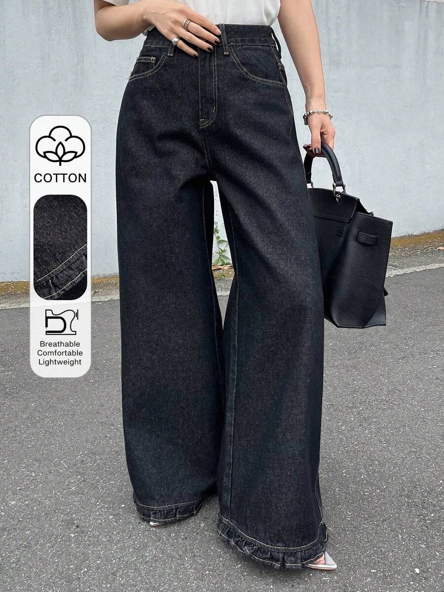 FRIFUL Women's Pocket Button Zipper Minimalist Style Denim Jeans Summer - Blue - View 1